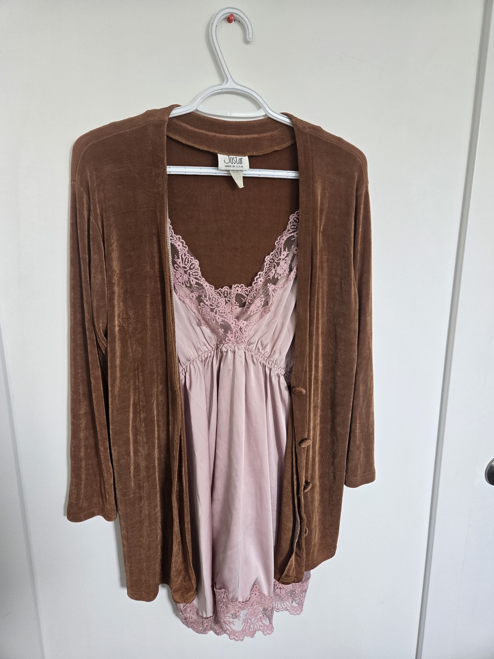 Blush Pink Lace Chemise with Brown Velvet Vintage Cardigan-Bundle/ Set